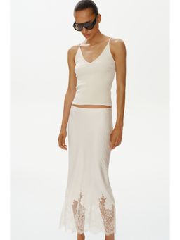 H&M - Women White Lace-Trimmed Satin Skirt