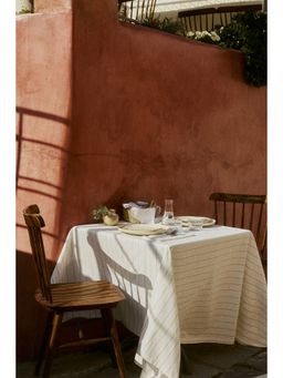 H&M - White Patterned Linen-Blend Tablecloth