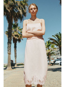 H&M - Women Pink Lace-Trimmed Ramie Skirt