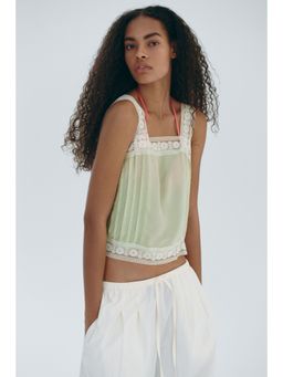 H&M - Women Green Bubble-Hem Tie-Strap Top