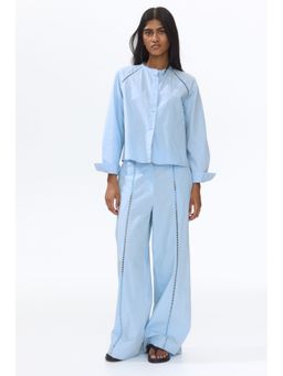 H&M - Women Blue Ladder-Lace-Detail Cotton Blouse