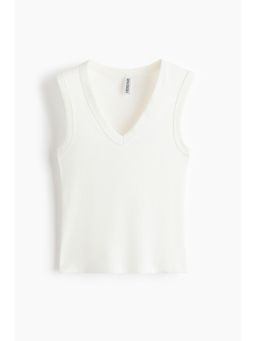 H&M - Women White Ribbed V-Neck Vest Top