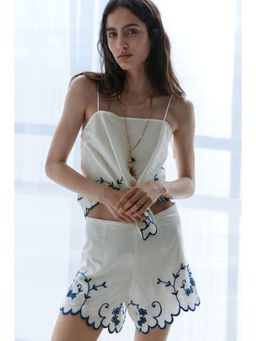 H&M - Women White Embroidered Linen-Blend Shorts