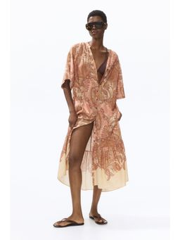 H&M - Women Beige Short-Sleeved Tie-Belt Dress