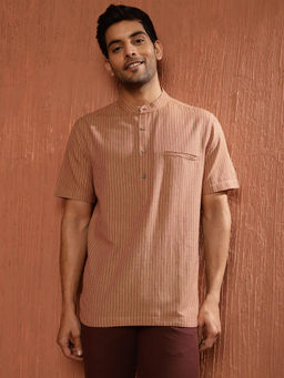 Fabindia - Brown Cotton Stripes Half Sleeves Mandarin Neck Shirt