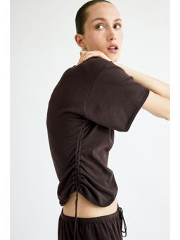 H&M - Women Brown Fine-knit drawstring-detail top