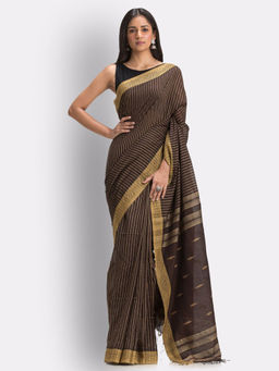 Angoshobha - Dark Brown Handloom Cotton Jamdani Saree with Unstitched Blouse