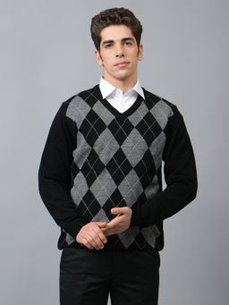 Cantabil - Men Geometric Black V-Neck Full Sleeves Casual Sweater