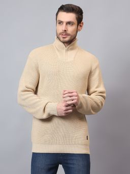 Cantabil - Beige Textured High Neck Full Sleeves High Men Casual Sweater