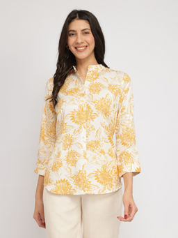 FableStreet - Mandarin Collar Floral Shirt - Yellow