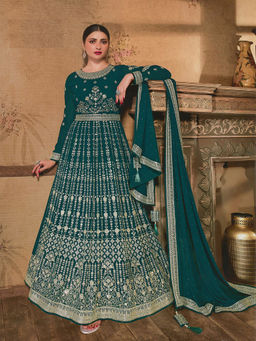 Odette - Teal Georgette Heavy Embroidered Semi Stitched Dress Material (Set of 3)