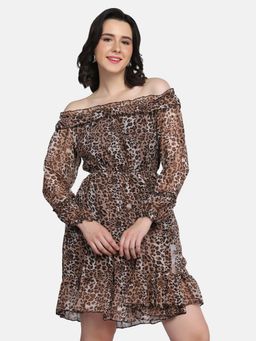 Buynewtrend - Dark Brown Off-Shoulder Leopard Print Women Dress