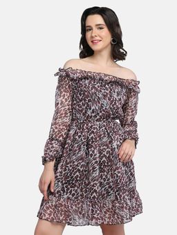 Buynewtrend - Light Brown Off-Shoulder Leopard Print Women Dress
