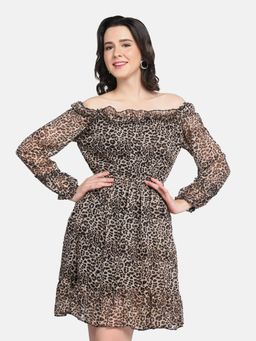 Buynewtrend - Brown Off-Shoulder Leopard Print Women Dress