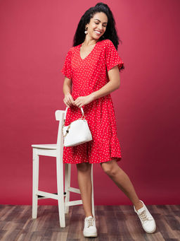Globus - Women Red Printed Casual V Neck A-Line Dress