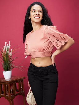 Globus - Women Peach Solid Casual Round Neck Crop Top
