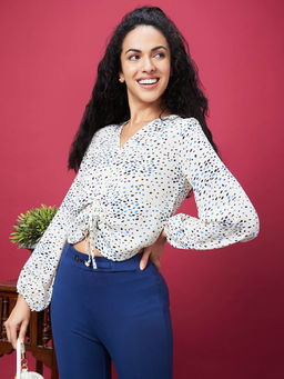 Globus - Women White Printed Casual V Neck Crop Top