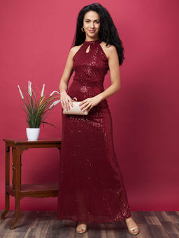 Globus - Women Maroon Halter Keyhole Neck Sequinned Maxi Gown Dress