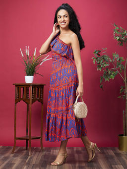 Globus - Women Multi Tribal Printed One Shoulder Tiered Fit & Flare Midi Dress