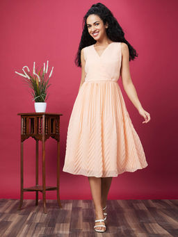 Globus - Women Peach Solid Party V Neck Fit and Flare Dress