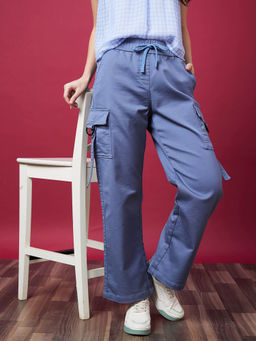 Globus - Women Steel Blue Mid-Rise Elasticated Drawstring Waist Straight Fit Cargo Trousers