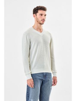 Snitch - Cream Textured Full Sleeves Regular Casual Sweaters for Men