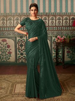 Odette - Dark Green Georgette Embellished Saree with Unstitched Blouse