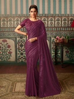 Odette - Wine Georgette Embellished Saree with Unstitched Blouse