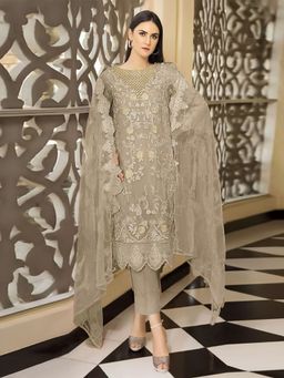 Odette - Beige Georgette Embroidered Semi Stitched Kurta with Bottom & Dupatta (Set of 3)