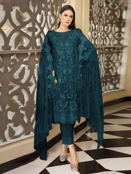 Odette - Teal Georgette Embroidered Semi Stitched Kurta with Bottom & Dupatta (Set of 3)