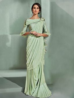 Odette - Pasta Green Lycra Designer Saree with Unstitched Blouse