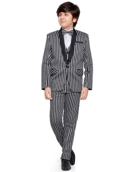 Jeetethnics - Boys Black Striped Coat Suit With Waistcoat Shirt And Trousers (Set of 5)