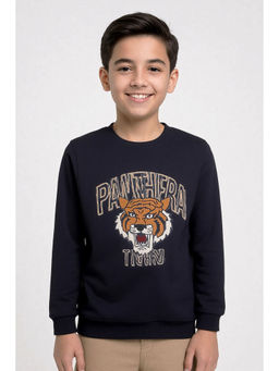 CAVIO - Navy Blue Embroidered Full Sleeves Sweatshirt