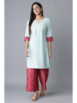 Aurelia - Aure Collection By Aurelia Blue Embroidered Kurta-Pink Palazzo (Set of 2)