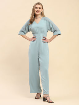 CAMLA - Barcelona Trumpet Sleeve Powder Blue V-Neck Jumpsuit
