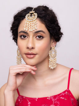 Indya - Gold Mirror Pearl Earring Maangtika Set (Set of 2)