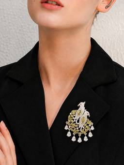 Treemoda - Premium Twin Parrot Brooch Silver-Plated Brass Yellow Hydro Stone AD