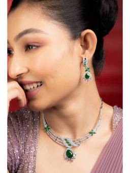 Opal Touch - Emerald Elegance Floral Rhodium Plated Necklace Set