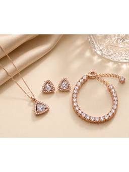 Opal Touch - Triangle Halo CZ Rose Gold Necklace Bracelet and Earrings Jewellery Set