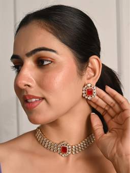 Ratnavali Jewels - Gold Plated Red Kundan Choker CZ Wedding Jewellery Set