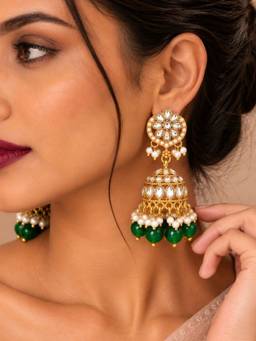 SUGARFRILL - 22K Gold-Plated Kundan Pearl and Green Bead Jhumka Earrings