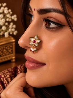 SUGARFRILL - 22K Gold-Plated Floral Kundan Pearl Nose Pin