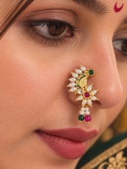 SUGARFRILL - 22K Gold-Plated Crescent Kundan Pearl Nose Pin