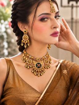 SUGARFRILL - 22K Gold-Plated Temple Kundan Pearl Jewellery Set