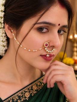 SUGARFRILL - 22K Gold-Plated Kundan Pearl Nose Ring with Chain