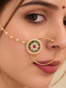 SUGARFRILL - 22K Gold-Plated Floral Kundan Pearl Hoop Nose Ring with Chain