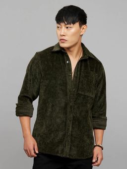 ROOKIES - Men Green Velvet Corduroy Full Sleeves Shacket