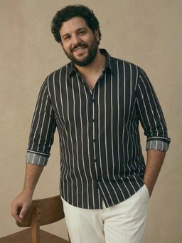 UNSTD - Men Black Plus Size Striped Cotton Full Sleeves Shirt