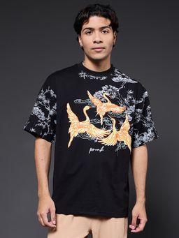 PRONK - Men Black Printed Premium Oversized T-Shirt
