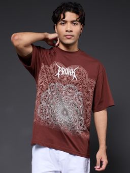 PRONK - Men Brown Printed Premium Oversized T-Shirt